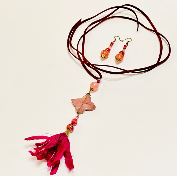Dark Pink Mauve Rhodonite Stone Necklace & Cherry Quartz Zinfandel Earrings BOHO - Picture 13 of 15